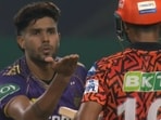 Harshit Rana sends a flying kiss to Mayank Agarwal. Harshit Rana sends a flying kiss to Mayank Agarwal.
