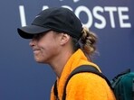 Aryna Sabalenka, of Belarus, walks off the court after winning her match against Paula Badosa, of Spain