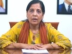  Sunita Kejriwal, wife of Delhi Chief Minister and AAP Convenor Arvind Kejriwal, delivers his message via a video conference. (PTI)