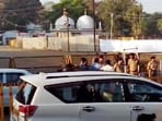 Security personnel stand guard outside Bhojshala/Kamal Maula Mosque complex after a team of the Archaeological Survey of India (ASI) reached the complex for a survey in Dhar on Friday. 