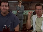 Adam Sandler, Julie Bowen and Christopher McDonald in the 1996 sports comedy Happy Gilmore.