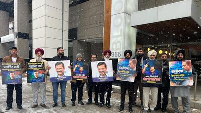 AAP supporters protesting the arrest of Arvind Kejriwal in front of the Indian consulate in Toronto, Canada on Friday. (Credit: AAP Volunteers Team Toronto) AAP supporters protesting the arrest of Arvind Kejriwal in front of the Indian consulate in Toronto, Canada on Friday. (Credit: AAP Volunteers Team Toronto)