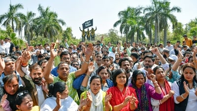 Aam Aadmi Party (AAP) MLAs, counselors and supporters protest against the arrest of Delhi CM Arvind Kejriwal, at Shaheedi park in New Delhi on Saturday. (ANI) Aam Aadmi Party (AAP) MLAs, counselors and supporters protest against the arrest of Delhi CM Arvind Kejriwal, at Shaheedi park in New Delhi on Saturday. (ANI)