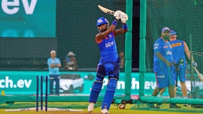 Mumbai Indians' skipper Hardik Pandya bats during a practice session ahead of their match against Gujarat Titans in the Indian Premier League (IPL) 2024, at Narendra Modi Stadium in Ahmedabad on Saturday (Siddharaj Solanki) Mumbai Indians' skipper Hardik Pandya bats during a practice session ahead of their match against Gujarat Titans in the Indian Premier League (IPL) 2024, at Narendra Modi Stadium in Ahmedabad on Saturday (Siddharaj Solanki)