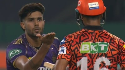 Harshit Rana sends a flying kiss to Mayank Agarwal. Harshit Rana sends a flying kiss to Mayank Agarwal.