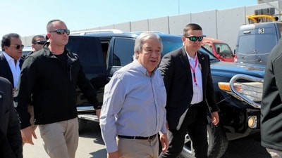 United Nations Secretary-General Antonio Guterres visits the Rafah border crossing between Egypt and the Gaza Strip, amid the ongoing conflict between Israel and Palestinian Islamist group Hamas, in Rafah, Egypt, March 23, 2024. (Reuters)
