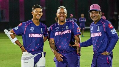 Yashasvi Jaiswal, Shimron Hetmyer and Kumar Sangakkara during a practice session Yashasvi Jaiswal, Shimron Hetmyer and Kumar Sangakkara during a practice session