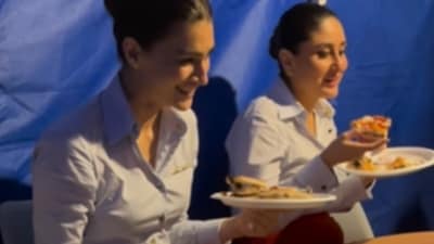Kriti Sanon and Kareena Kapoor enjoyed pepperoni pizzas on the sets of Crew Kriti Sanon and Kareena Kapoor enjoyed pepperoni pizzas on the sets of Crew