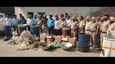 Ludhiana, India – March 23, 2024: Joint team of Excise and Jagraon police conduct raid in Sidhwan Bet village and also seize 21500 ltr Lahan, 200 bottles of illicit liquor and drums, utensils in Ludhiana on Saturday, March 23, 2024. (Photo Hindustan Times) (HT Photo) Ludhiana, India – March 23, 2024: Joint team of Excise and Jagraon police conduct raid in Sidhwan Bet village and also seize 21500 ltr Lahan, 200 bottles of illicit liquor and drums, utensils in Ludhiana on Saturday, March 23, 2024. (Photo Hindustan Times) (HT Photo)