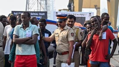 Mumbai, India. Mar 23,2024 : INS Kolkata, with the 35 apprehended pirates returned to Mumbai and handed over the Pirates to the Mumbai police for further legal action in accordance with Indian laws, specifically the Maritime Anti Piracy Act 2022. Mar 23,2024. (Photo by Raju Shinde/HT Photo)