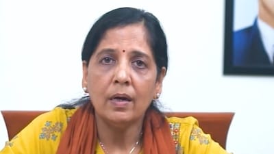 Sunita Kejriwal, wife of Delhi Chief Minister and AAP Convenor Arvind Kejriwal, delivers his message via a video conference. (PTI) Sunita Kejriwal, wife of Delhi Chief Minister and AAP Convenor Arvind Kejriwal, delivers his message via a video conference. (PTI)