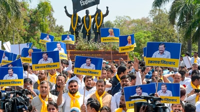 Hundreds of protesters in Delhi took to the streets for a second day on Saturday, demanding the immediate release of Delhi Chief Minister and party national convener Arvind Kejriwal who was arrested by the Federal Enforcement Directorate on Thursday night in an alleged Delhi excise policy case. (PTI) Hundreds of protesters in Delhi took to the streets for a second day on Saturday, demanding the immediate release of Delhi Chief Minister and party national convener Arvind Kejriwal who was arrested by the Federal Enforcement Directorate on Thursday night in an alleged Delhi excise policy case. (PTI)