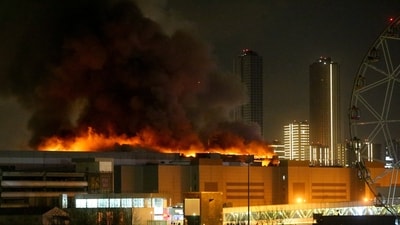 A view shows the burning Crocus City Hall concert hall following the shooting incident in Krasnogorsk, outside Moscow (AFP) A view shows the burning Crocus City Hall concert hall following the shooting incident in Krasnogorsk, outside Moscow (AFP)