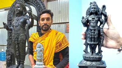 Arun Yogjiraj with his new crafted Ram Lalla idol. (X/ @yogiraj_arun)