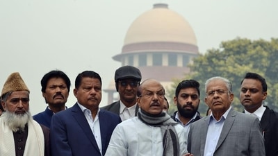 Members of Parliament (MPs) from Indian Union Muslim League (IUML) P.K. Kunhalikutty, E.T. Muhamed Basheer and P.V. Abdul Wahab addressing the media in front of Supreme court after filing a case against the Citizenship (Amendment) Bill 2019, in New Delhi on Thursday. (ANI Photo) Members of Parliament (MPs) from Indian Union Muslim League (IUML) P.K. Kunhalikutty, E.T. Muhamed Basheer and P.V. Abdul Wahab addressing the media in front of Supreme court after filing a case against the Citizenship (Amendment) Bill 2019, in New Delhi on Thursday. (ANI Photo)