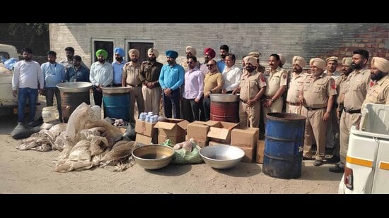Ludhiana, India – March 23, 2024: Joint team of Excise and Jagraon police conduct raid in Sidhwan Bet village and also seize 21500 ltr Lahan, 200 bottles of illicit liquor and drums, utensils in Ludhiana on Saturday, March 23, 2024. (Photo Hindustan Times) (HT Photo)