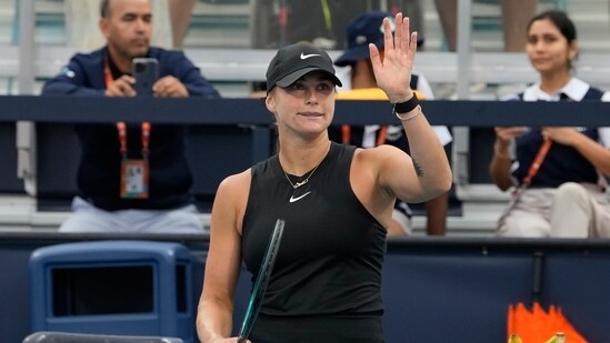 Aryna Sabalenka, of Belarus, waves after defeating Paula Badosa, of Spain, at the Miami Open tennis tournament (AP)