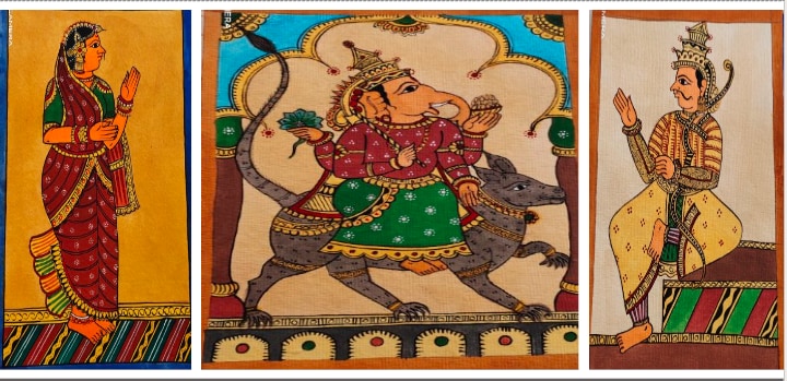 Made with natural dyes, Chitrakathi paintings typically depict scenes from slightly altered versions of mythological tales. Made with natural dyes, Chitrakathi paintings typically depict scenes from slightly altered versions of mythological tales.