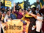 Delhi education minister Atishi with AAP supporters at a protest in New Delhi on Sunday. (ANI)