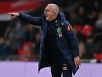 Brazil's head coach Dorival Junior gestures on the touchline during the international friendly football match between England and Brazil at Wembley stadium in north London