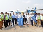 Goa Chief Minister Pramod Sawant flags off FLY91’s first flight operations from Manohar International Airport, at Mopa, in North Goa on Tuesday. (Atish Naik) Goa Chief Minister Pramod Sawant flags off FLY91’s first flight operations from Manohar International Airport, at Mopa, in North Goa on Tuesday. (Atish Naik)