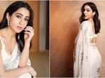Sara Ali Khan looks ethereal in an ivory saree and a floral deep-neck blouse. 
