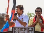 Tamil Nadu Minister and DMK leader Udhayanidhi Stalin during an election campaign rally in support of party candidate Thanga Tamil Selvan ahead of upcoming Lok Sabha elections, in Theni district, Sunday, March 24, 2024. Tamil Nadu Minister and DMK leader Udhayanidhi Stalin during an election campaign rally in support of party candidate Thanga Tamil Selvan ahead of upcoming Lok Sabha elections, in Theni district, Sunday, March 24, 2024.