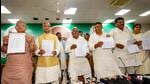 JD(U) senior leaders releasing the party’s candidate list for the upcoming Lok Sabha elections in Patna on Sunday. (PTI)