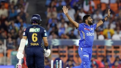 MI earlier won the toss and chose to bowl first. Pandya chose to start the MI attack himself and his first over ended up going for 11 runs. Surprisingly, he ended up coming back for the third over instead of handing the ball to Bumrah after Luke Wood bowled the second and conceded nine. Bumrah then came in and got the first wicket for MI in the form of Wriddhiman Saha with his trademark yorker. (ANI) MI earlier won the toss and chose to bowl first. Pandya chose to start the MI attack himself and his first over ended up going for 11 runs. Surprisingly, he ended up coming back for the third over instead of handing the ball to Bumrah after Luke Wood bowled the second and conceded nine. Bumrah then came in and got the first wicket for MI in the form of Wriddhiman Saha with his trademark yorker. (ANI)