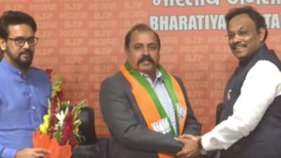 BJP general secretary Vinod Tawde and Union minister Anurag Thakur induct RK Bhadauria into party (Twitter Photo) BJP general secretary Vinod Tawde and Union minister Anurag Thakur induct RK Bhadauria into party (Twitter Photo)