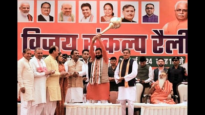 Haryana CM Nayab Singh Saini during the BJP Vijay Sankalp Rally at a grain market in Mewat on Sunday. (ANI) Haryana CM Nayab Singh Saini during the BJP Vijay Sankalp Rally at a grain market in Mewat on Sunday. (ANI)