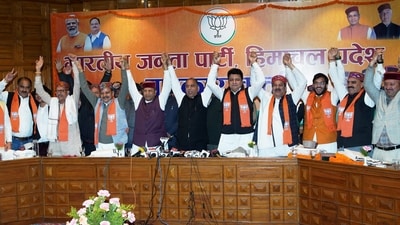 Leader of Opposition in Himachal Pradesh Assembly Jai Ram Thakur, the state BJP President Rajeev Bindal Congress pose for photos with Congress MLAs and independent MLAs who joined BJP, in Shimla, Saturday, March 23, 2024. (PTI) Leader of Opposition in Himachal Pradesh Assembly Jai Ram Thakur, the state BJP President Rajeev Bindal Congress pose for photos with Congress MLAs and independent MLAs who joined BJP, in Shimla, Saturday, March 23, 2024. (PTI)