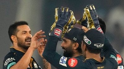Rashid Khan and Mohit Sharma then dried up the runs for MI and soon, Brevis fell for 46 off 38. (AP) Rashid Khan and Mohit Sharma then dried up the runs for MI and soon, Brevis fell for 46 off 38. (AP)