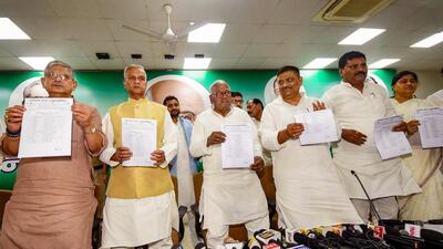 JD(U) senior leaders releasing the party’s candidate list for the upcoming Lok Sabha elections in Patna on Sunday. (PTI) JD(U) senior leaders releasing the party’s candidate list for the upcoming Lok Sabha elections in Patna on Sunday. (PTI)