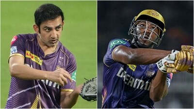 Gautam Gambhir during KKR's training session (L); Andre Russell playing a shot against SRH (PTI/AP)
