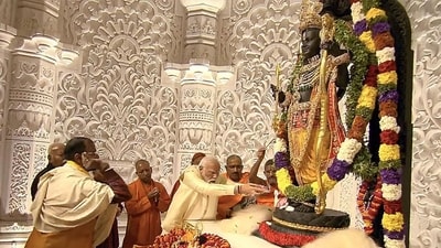 A file photo of Prime Minister Narendra Modi offering prayers before the Ram Lalla idol during the Pran Pratishtha ceremony at the Ram Mandir in Ayodhya. (PTI file) A file photo of Prime Minister Narendra Modi offering prayers before the Ram Lalla idol during the Pran Pratishtha ceremony at the Ram Mandir in Ayodhya. (PTI file)