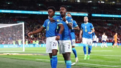 Brazil's Endrick celebrates scoring their first goal with Vinicius Junior (REUTERS)