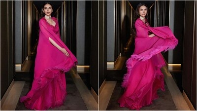 On Saturday, Aditi gave her fans a sweet surprise as the actress took to Instagram and uploaded a series of stunning pictures accompanied by the caption 'Miss pinky'. In the post, she can be seen looking glamorous in an ethereal pink coordinating ensemble. (Instagram/@aditiraohydari)
