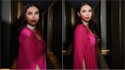 With the help of celebrity fashion stylist Sanam Ratansi, Aditi accessorised her look with diamond stud earrings, a multi-layered pearl choker necklace and a pair of high heels. She completed the look with her luscious locks styled in a soft curl and left open in the middle.&nbsp; (Instagram/@aditiraohydari)