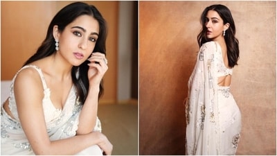 Sara Ali Khan looks ethereal in an ivory saree and a floral deep-neck blouse. (Instagram) Sara Ali Khan looks ethereal in an ivory saree and a floral deep-neck blouse. (Instagram)