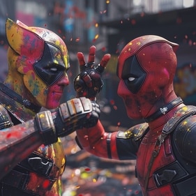Wolverine and Deadpool playing Holi in images created by fans using AI Wolverine and Deadpool playing Holi in images created by fans using AI