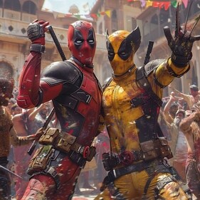 Wolverine and Deadpool playing Holi in images created by fans using AI Wolverine and Deadpool playing Holi in images created by fans using AI
