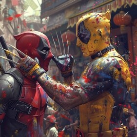Wolverine and Deadpool playing Holi in images created by fans using AI Wolverine and Deadpool playing Holi in images created by fans using AI