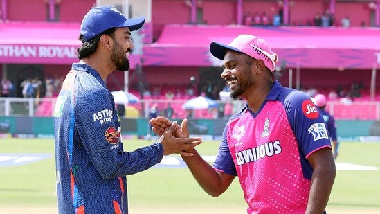 Rajasthan Royals skipper Sanju Samson and Lucknow Super Giants skipper KL Rahul exchange handshakes (ANI)