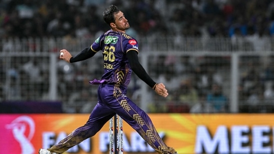Kolkata Knight Riders' Mitchell Starc bowls during the IPL 2024 match against Sunrisers Hyderabad (AFP)