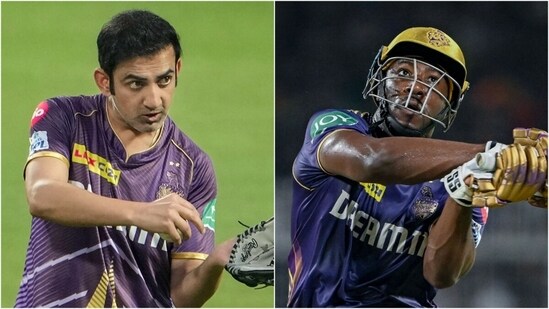 Gautam Gambhir during KKR's training session (L); Andre Russell playing a shot against SRH (PTI/AP)