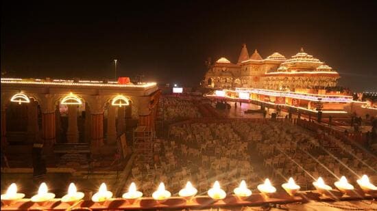The illuminated Ram Mandir premises after its consecration ceremony, in Ayodhya, Uttar Pradesh, India on January 22. (PTI)