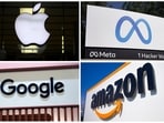 This photo combo of images shows logos for Apple, Meta, Google and Amazon.  (AP Photo)
