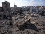 A view of the rubble of buildings hit by an Israeli airstrike in Gaza city. A view of the rubble of buildings hit by an Israeli airstrike in Gaza city.