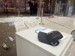 Shattered glass lies at the scene of the deadly shooting attack in Crocus City Hall, in Krasnogorsk, Moscow Region, on March 23.